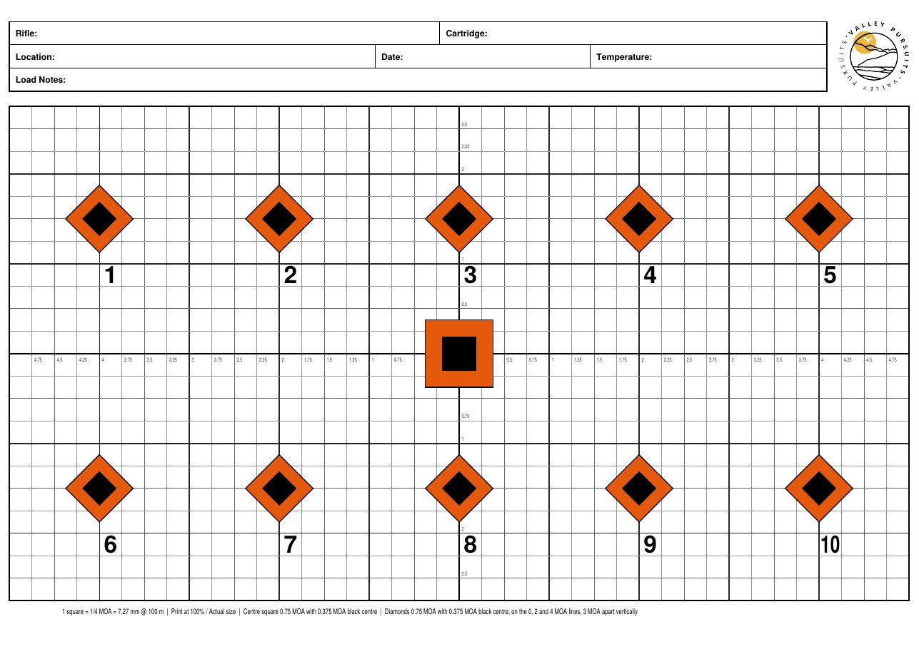 Valley Pursuits A4 MOA load development target for 100 m, landscape