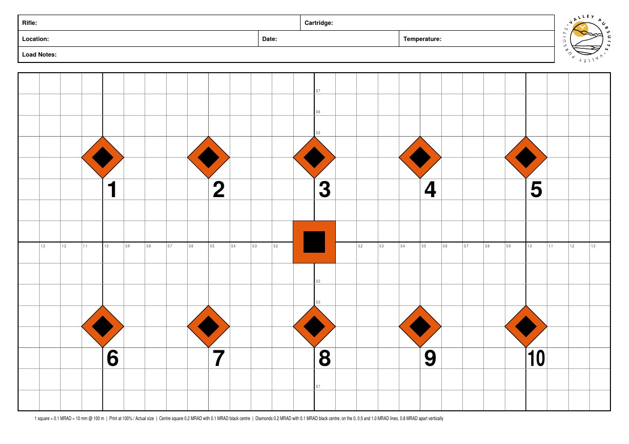 Valley Pursuits A4 MRAD load development target for 100 m, landscape