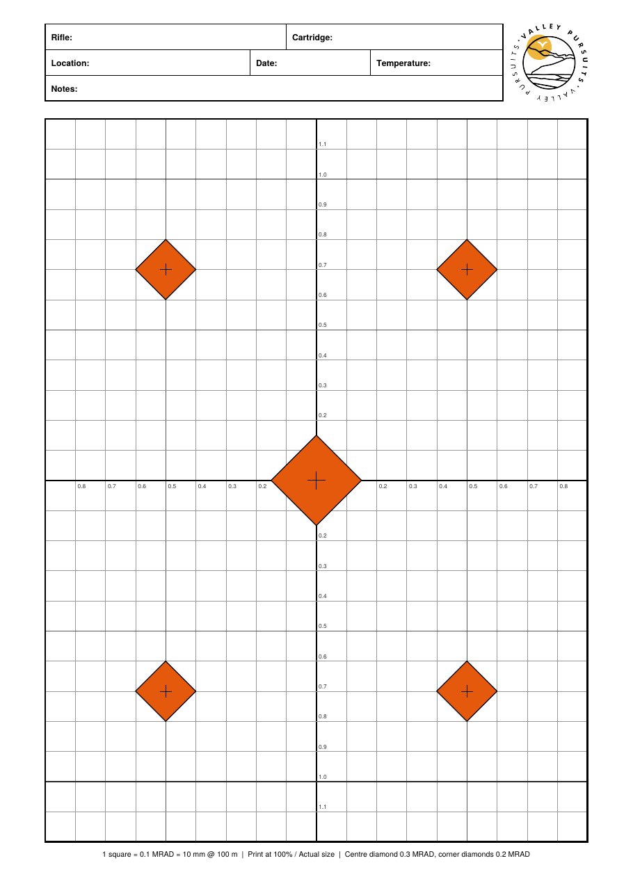 Valley Pursuits A4 MRAD sighting target for 100 m, portrait
